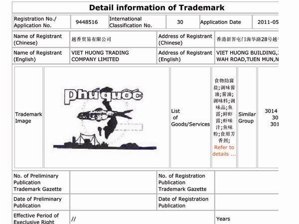 Trích hồ sơ Cty Việt Hương mới nộp ở Trung Quốc yêu cầu bảo hộ nhãn hiệu Phú Quốc